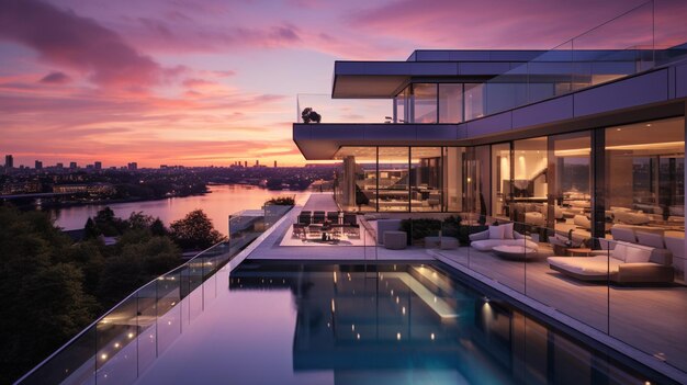 Photo vue sur une piscine et un patio avec vue sur une ville générative ai