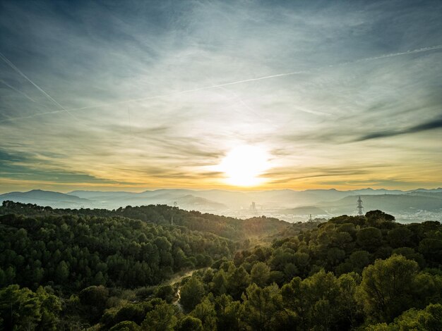 Photo vue pittoresque d'arbres verts dans la forêt et les montagnes sous un ciel nuageux avec un soleil éclatant