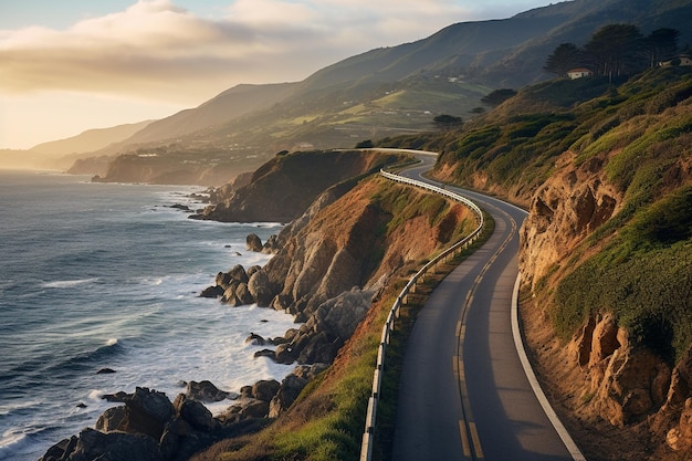 Une vue pittoresque d'une autoroute côtière près de l'océan bordée de falaises escarpées Generative Ai