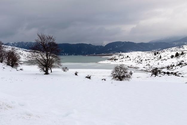 Vue sur le pittoresque lac gelé des sources d'Aoos dans les montagnes de l'Épire Grèce en hiver par temps nuageux