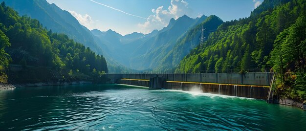 Une vue pittoresque des sources d'énergie durables telles que l'hydroélectricité et la production d'énergie solaire en action Concept Énergies renouvelables Technologie durable Énergie hydroélectrique Énergie solaire