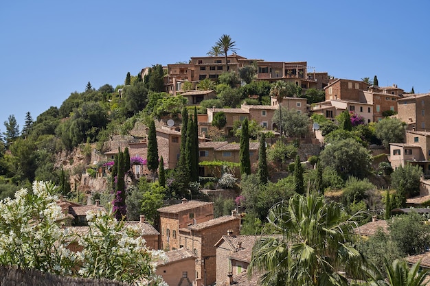 Vue pittoresque de la ville de Deia avec des maisons et des arbres verts tropicaux sous un ciel bleu lors d'une journée d'été ensoleillée en Espagne