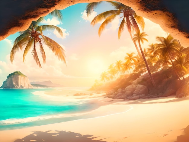 Vue sur la plage au coucher du soleil avec palmier depuis la grotte