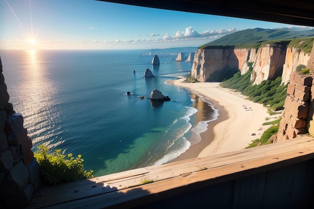 Une vue sur la plage depuis la fenêtre d'une maison.