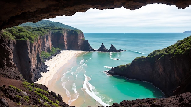 Une vue de la plage depuis une grotte