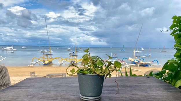 Une vue sur la plage depuis le pont de la maison de plage.