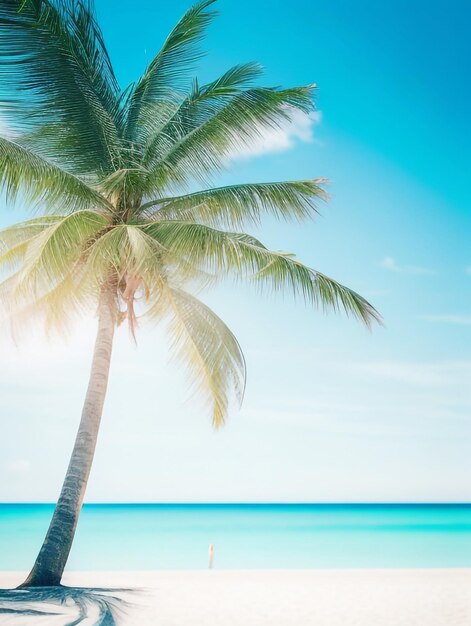 Vue sur la plage ensoleillée avec un palmier Blue Ocean Paradise