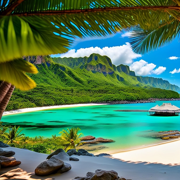 Une vue d'une plage avec une maison sur le côté gauche et des montagnes en arrière-plan.