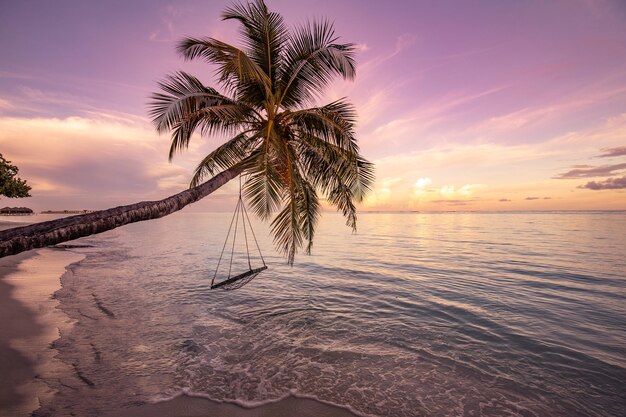 Une vue sur une plage avec palmiers et balançoire au coucher du soleil. Paysage unique, paradis paisible et serein