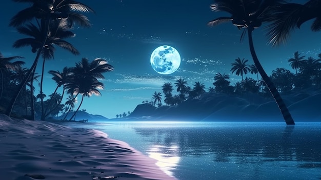 Une vue sur une plage avec des palmiers et une lune pleine générative ai