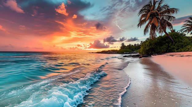 Vue de la plage tropicale au coucher du soleil orageux avec du sable blanc, de l'eau turquoise et des palmiers.