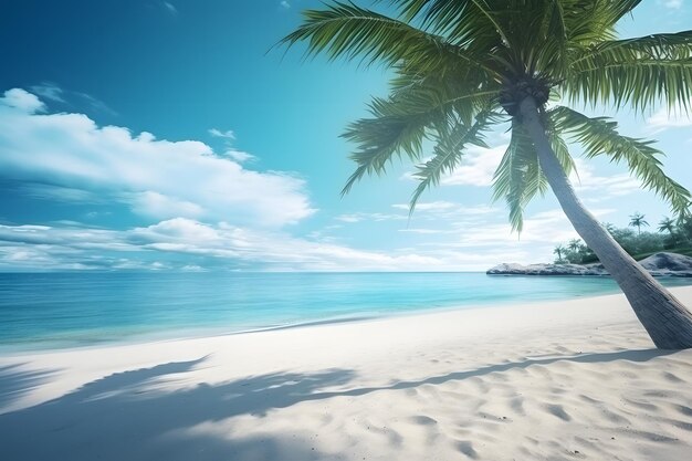 vue sur la plage tropicale en journée ensoleillée avec du sable blanc, de l'eau turquoise et du palmier