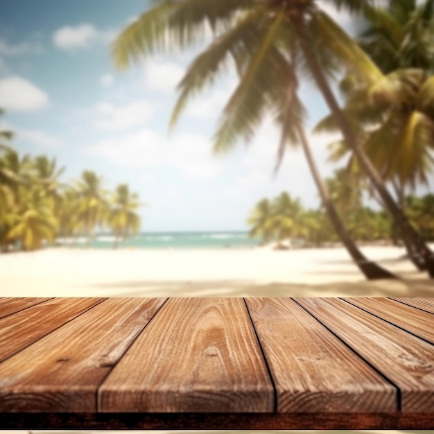 Vue sur la plage tropicale sur une table en bois pour l'affichage du produit AI générative