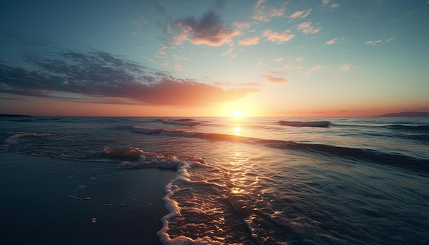 Vue sur la plage avec des vibrations de rêve et un coucher de soleil envoûtant et l'océan en arrière-plan