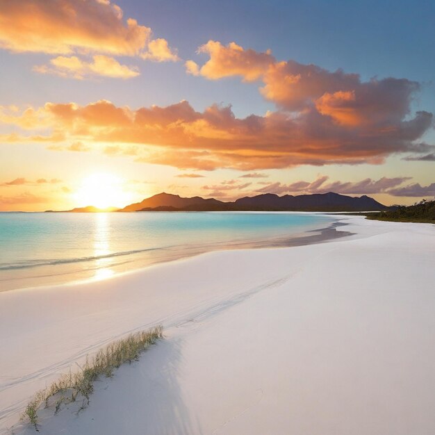 Vue de la plage de Whitehaven avec un coucher de soleil