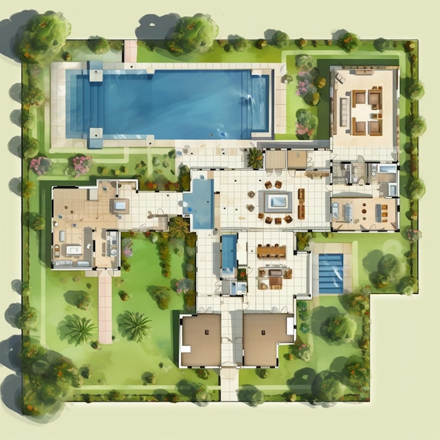 Photo une vue d'un plan d'une maison avec une piscine et un jardin génératif ai