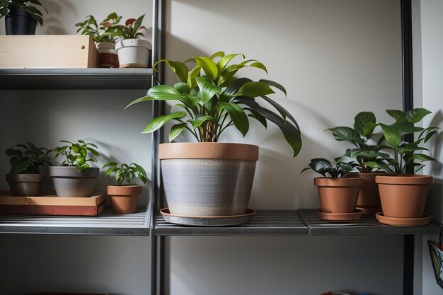 Vue de la plante en pot dans la pièce sur une étagère métallique