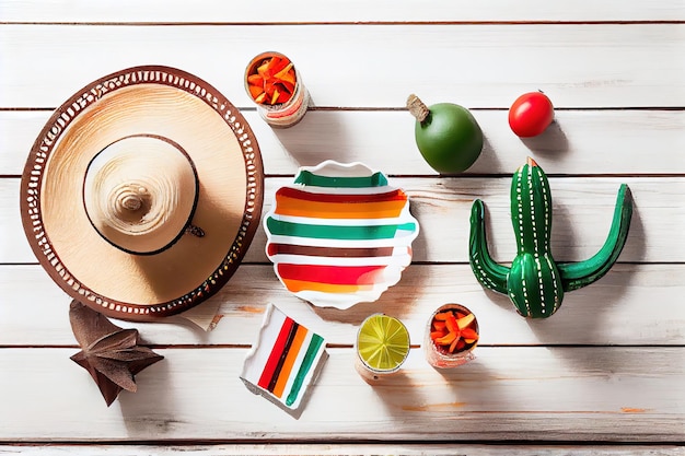 Vue à plat des objets traditionnels de Cinco De Mayo sur des planches en bois patiné blanc Generative Ai