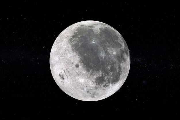 Vue de la pleine grande super lune depuis l'espace sur un fond d'étoiles du ciel noir. Éléments de cette image fournis par la NASA. Rendu 3D