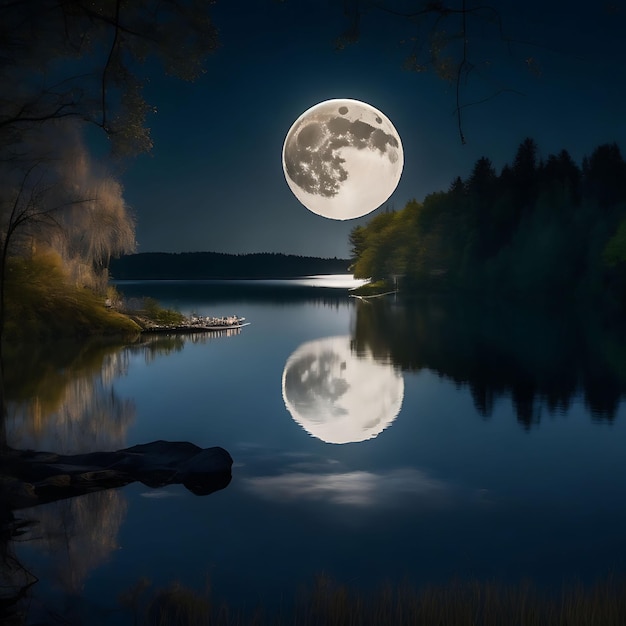 Une vue sur la pleine lune et le lac