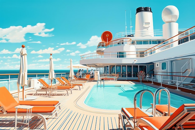 Vue sur le pont supérieur avec piscine sur un bateau de croisière Vacances sur un bateau de croisière Croisière Descente sur le bateau