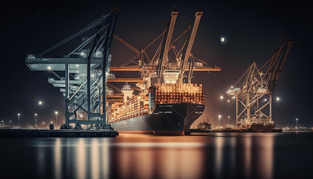 Vue d'un port de fret de nuit avec un cargo amarré