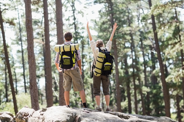 Vue postérieure, de, couple, debout, dans, forêt