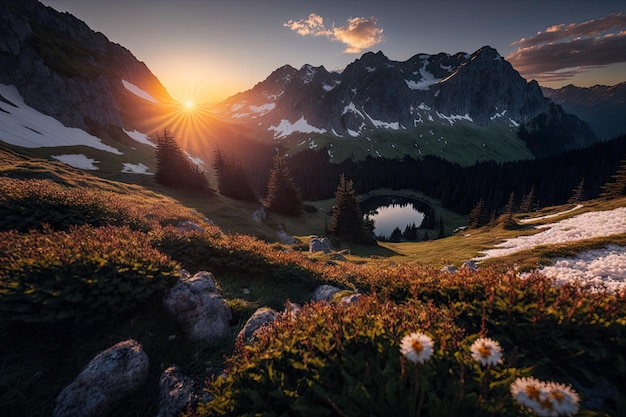 Vue sur la prairie alpine au lever du soleil avec le soleil jetant un coup d'œil sur les montagnes