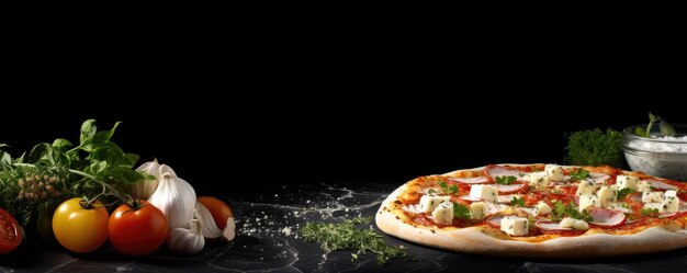 Photo vue de près de la pizza chaude fraîche sur une table de luxe en pierre noire panorama de junk food génératif ai