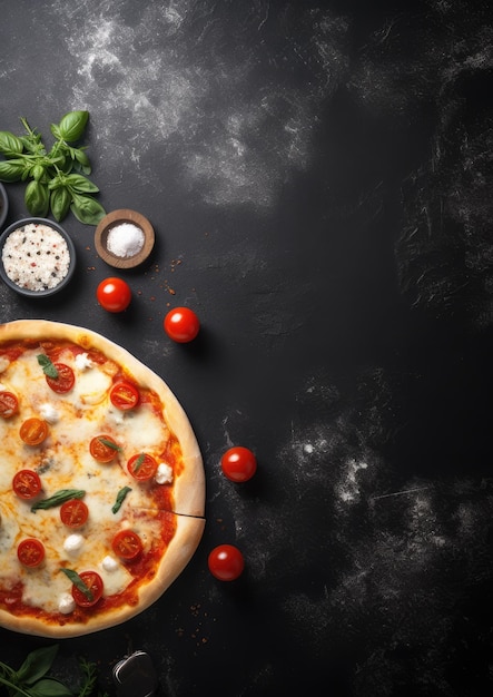 Photo vue de près de la pizza chaude fraîche sur une table de luxe en pierre noire.