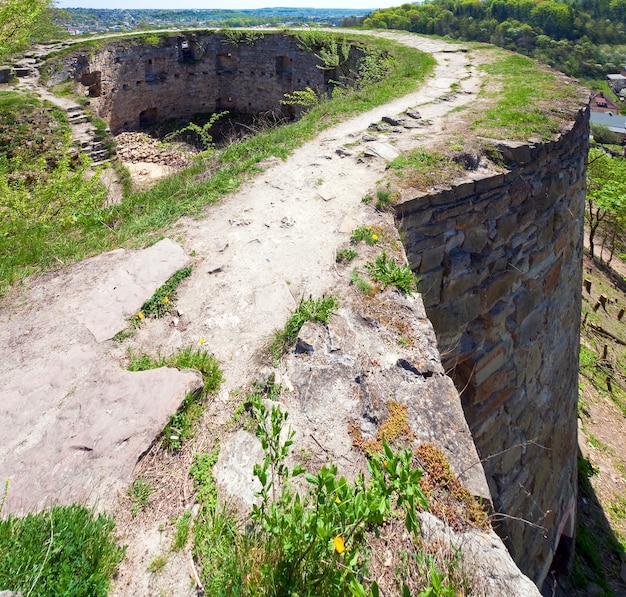 Vue printanière des ruines du château de Terebovlia et de la ville de Terebovlya sur la gauche (Oblast de Ternopil, Ukraine). Construit en 1366.