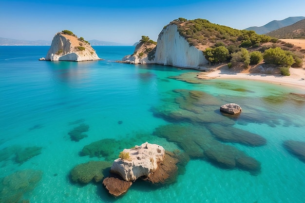 Vue de printemps lumineuse de l'île de Cameo Scène matinale pittoresque sur l'île Port Sostis Zakinthos Grèce Europe Beauté de la nature concept d'arrière-plan