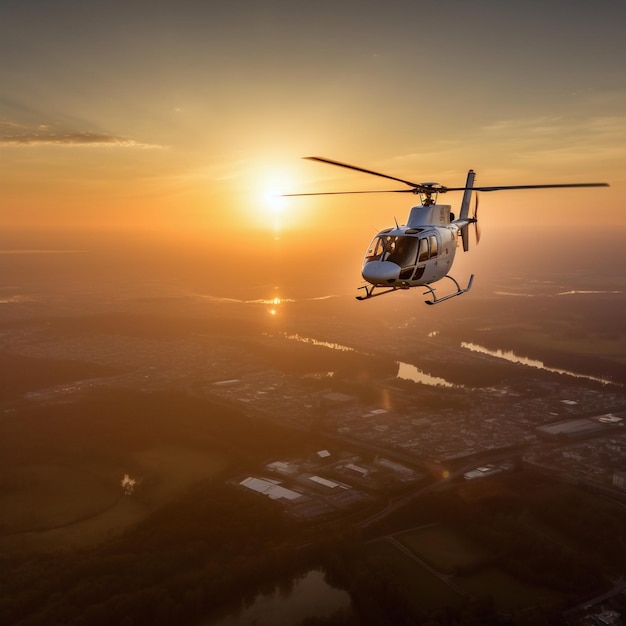 Vue privée d'hélicoptère pendant le vol sur l'air avec le ciel orange au coucher du soleil