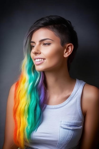 Photo vue de profil d'une femme lgbtq aux cheveux arc-en-ciel portant une chemise sans manches blanche générée par ai