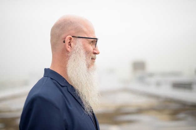 Vue de profil d'homme d'affaires barbu chauve mature avec des lunettes contre vue sur la ville