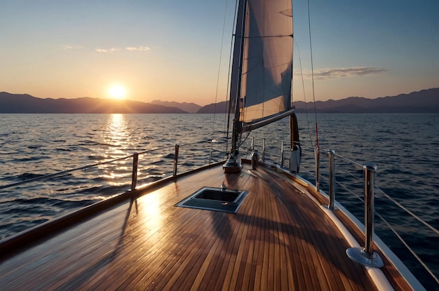 Vue d'une proue de yacht naviguant vers l'horizon au coucher du soleil scène sereine Naviguant vers le coucher du Soleil o