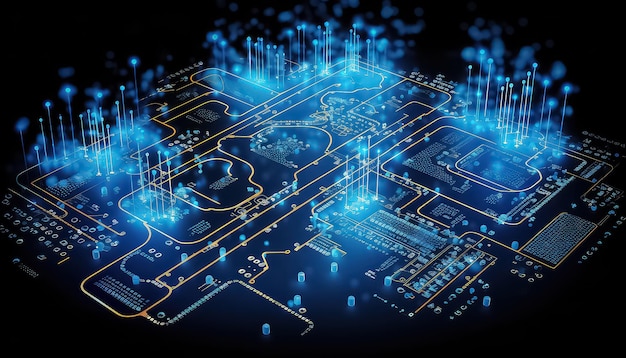 Vue de la puce du processeur CPU avec connexion cloud et réseau sur la carte mère du circuit