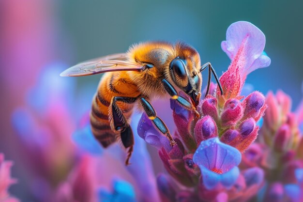 Vue rapprochée d'une abeille diligente recueillant le nectar de fleurs sauvages vibrantes dans une prairie ensoleillée