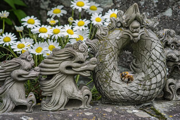 Vue rapprochée d'une abeille sur une fleur avec une sculpture de jardin de créatures mythiques