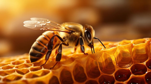 Vue rapprochée de l'abeille sur le nid d'abeille