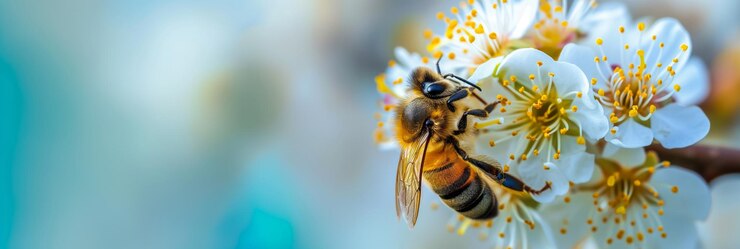 Photo vue rapprochée d'une abeille pollinisatrice d'une fleur blanche en fleur avec un fond bleu doux capturant le