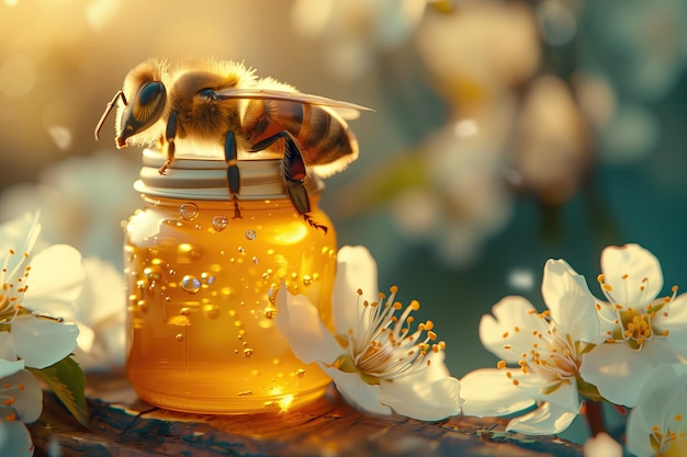 Vue rapprochée d'une abeille pollinisatrice sur un pot de miel