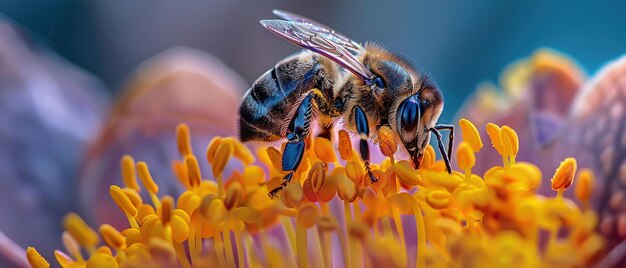 Vue rapprochée d'une abeille qui pollinise diligemment l'étamine jaune vibrant d'une fleur