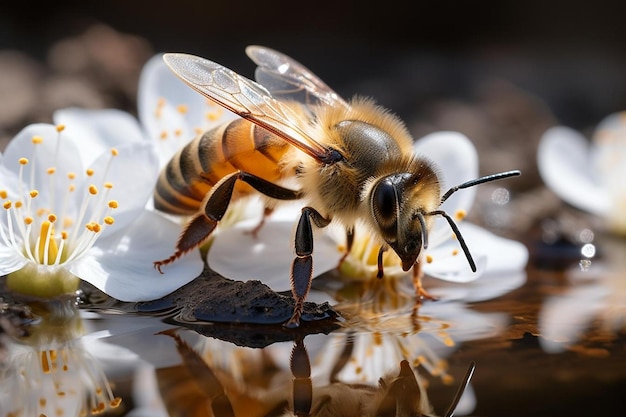 Vue rapprochée d'une abeille qui recueille le pollen d'un arbre.