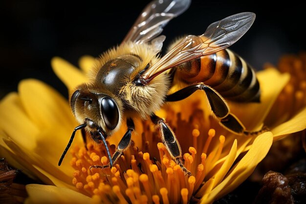 Vue rapprochée d'une abeille qui recueille le pollen.