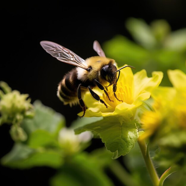 Photo vue rapprochée d'une abeille se nourrissant d'une fleur jaune au soleil créée à l'aide de la technologie d'ia générative