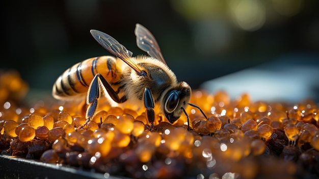 Vue rapprochée de l'abeille sur la surface avec un nid d'abeille