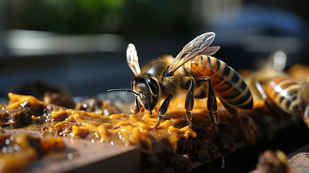 Vue rapprochée de l'abeille sur la surface avec un nid d'abeille