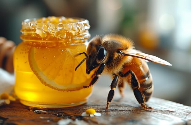 Vue rapprochée d'une abeille sur une table en bois et un pot de miel