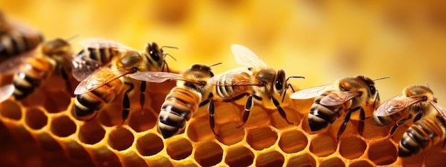 Vue rapprochée des abeilles sur un nid d'abeilles dans une ruche